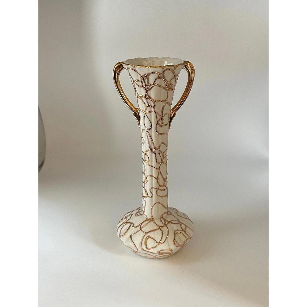 Lefton Bud Vase 70447 Vintage White Gold Spaghetti Vase Handles Flower Bud Vase